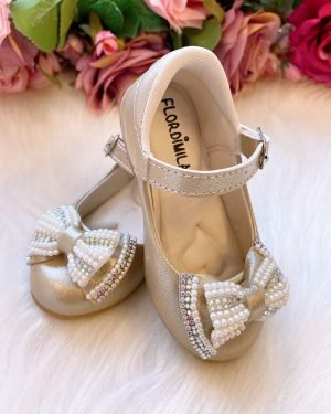 Sapatilha Flor Di Mila Dourado Laço Perolas