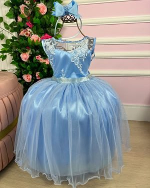 Vestido Juvenil Enjoy Azul Bebê Peito Rendado Flores