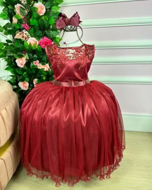 Vestido Juvenil Enjoy Marsala Peito Rendado Flores