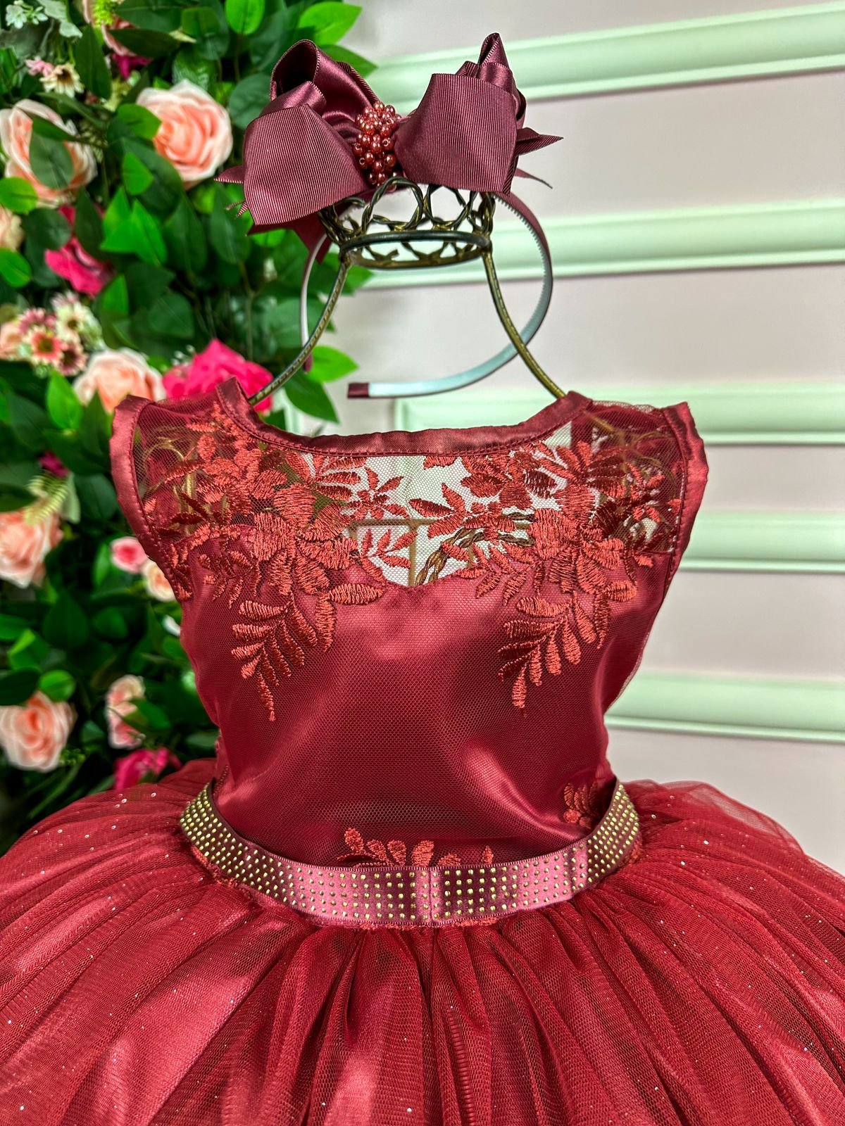 Vestido Juvenil Enjoy Marsala Peito Rendado Flores - Imagem 2
