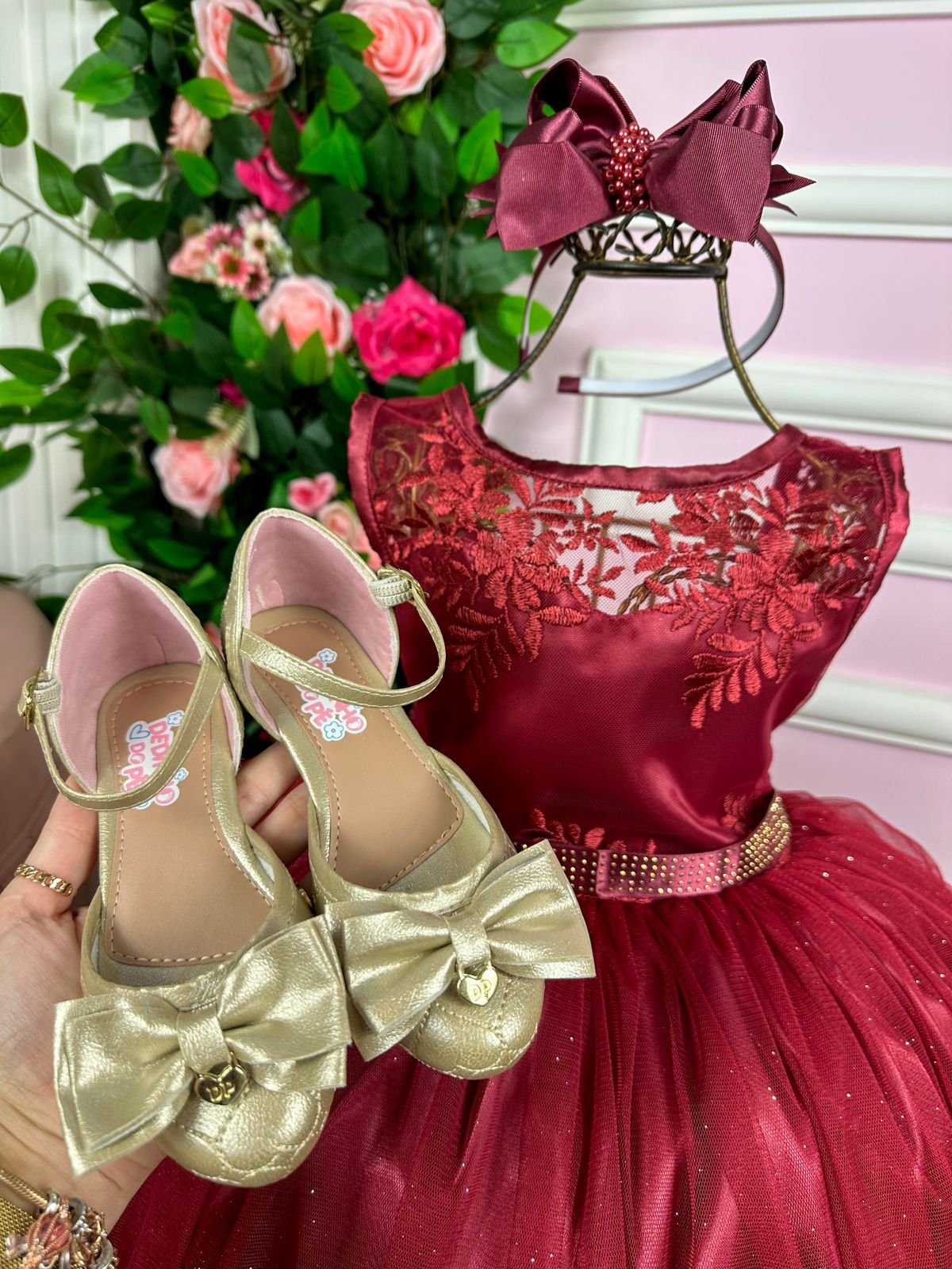 Vestido Juvenil Enjoy Marsala Peito Rendado Flores - Imagem 3