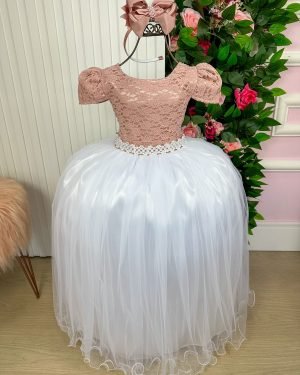 Vestido Enjoy Longo Mari Peito Rendado Rose Saia Branca