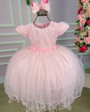 Vestido Menina Bonita Rosa Bebe Borboletas Peito de Tule