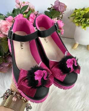 Sapatilha Mocassim Barbie Pom Pom Preto e Pink