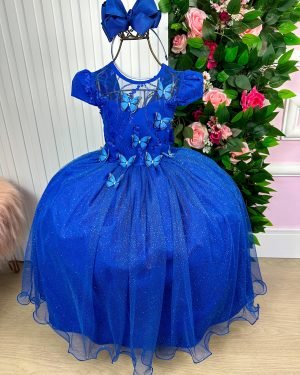 Vestido Vila Lele Longo Jardim Encantado Borboletas Azul Roy