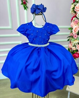 Vestido Ysa Kids Azul Royal Peito Perolas