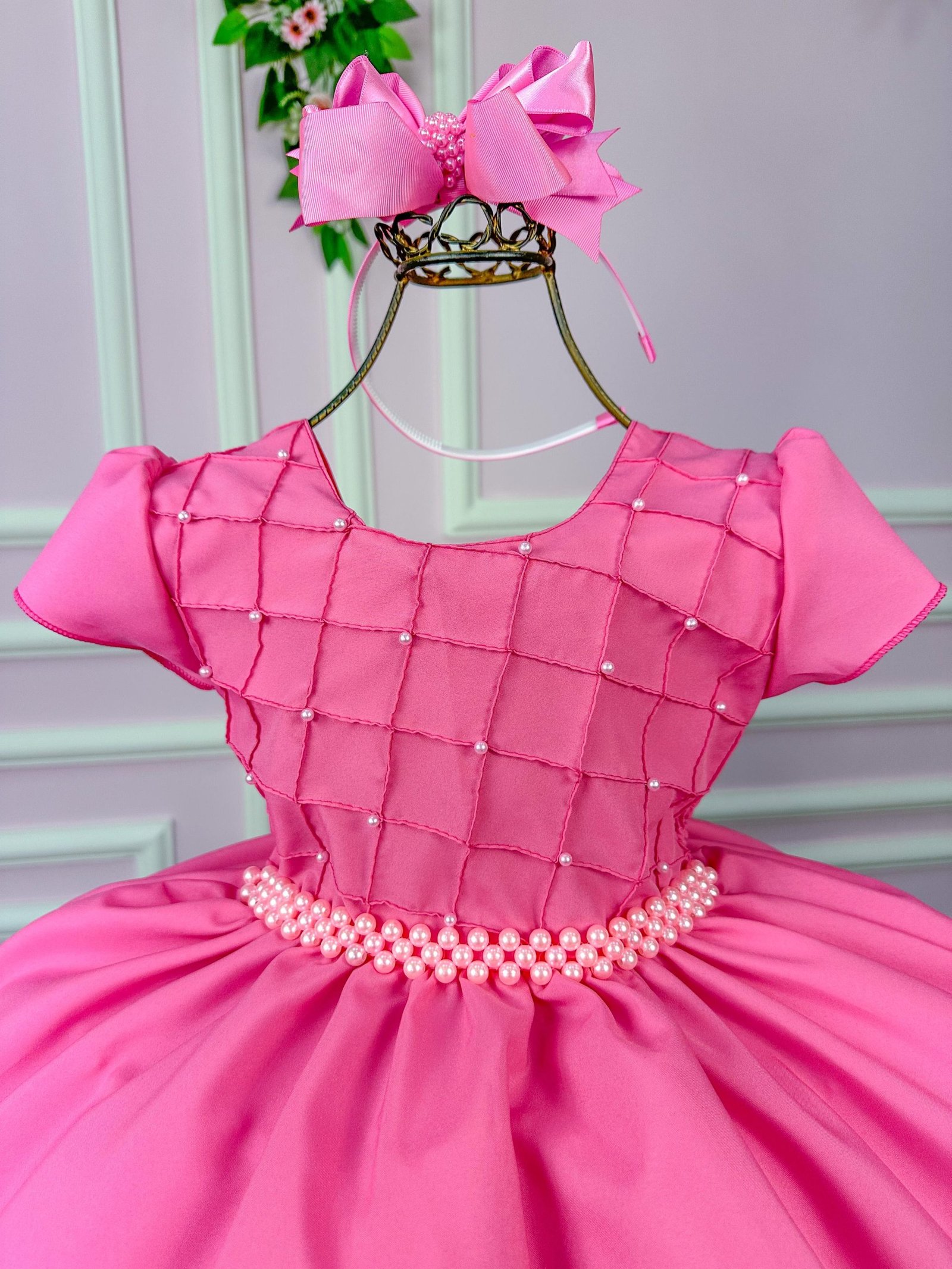 Vestido Ysa Kids Rosa Chiclete Peito Perolas - Imagem 3