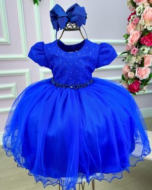 Vestido Menina Bonita Azul Royal Peito Rendado