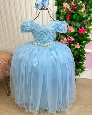 Vestido Enjoy Longo Laura Azul Bebe Rendado