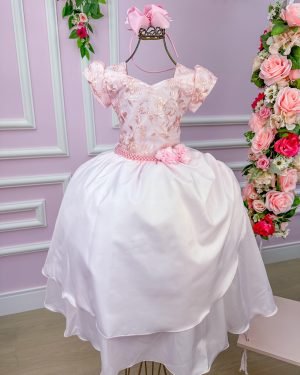 Vestido Lorenzetti Longo Rosa Bebe Peito Rendado
