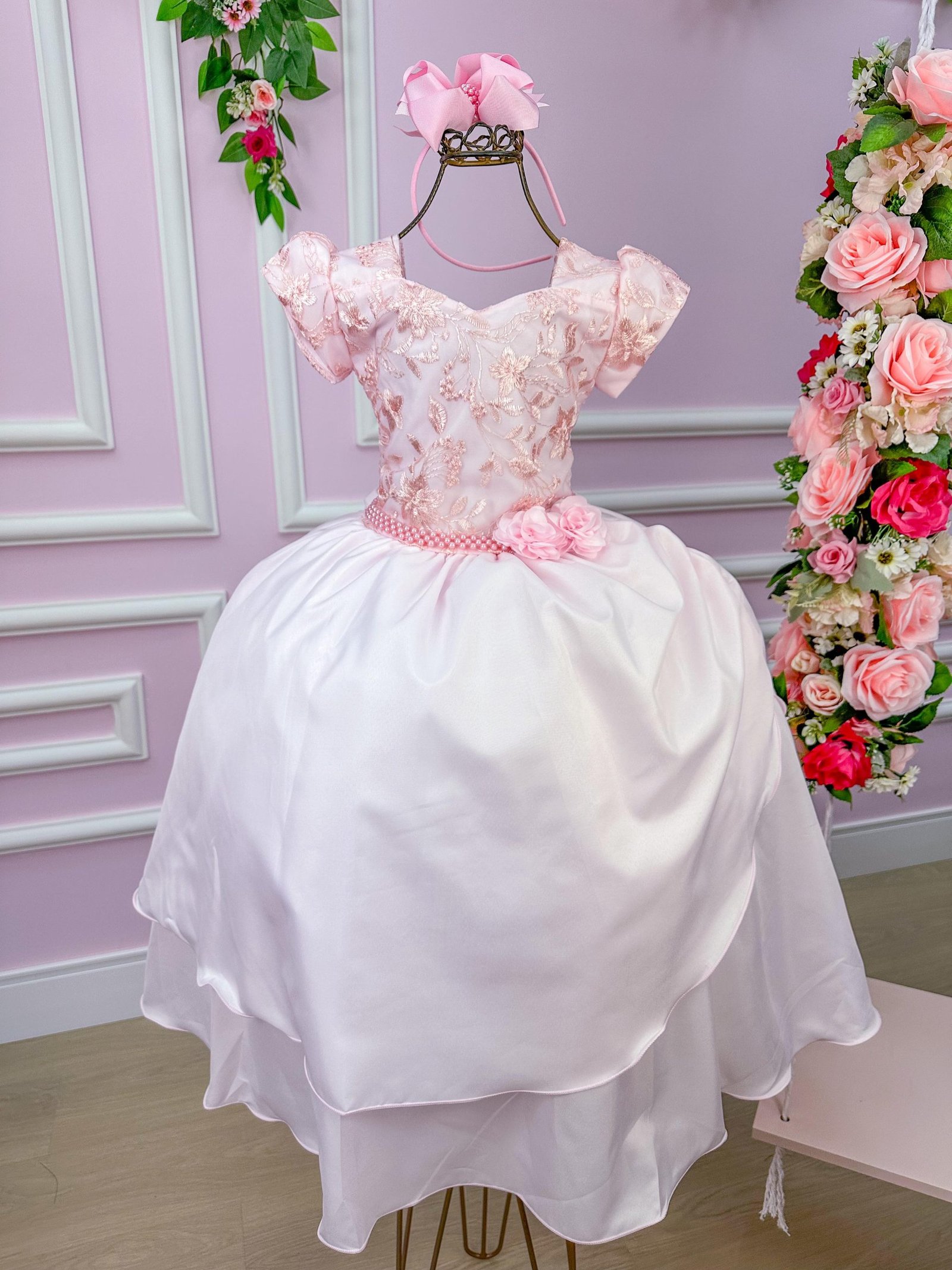 Vestido Lorenzetti Longo Rosa Bebe Peito Rendado