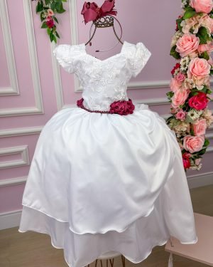 Vestido Lorenzetti Longo Branco Peito Rendado Cinto Marsala