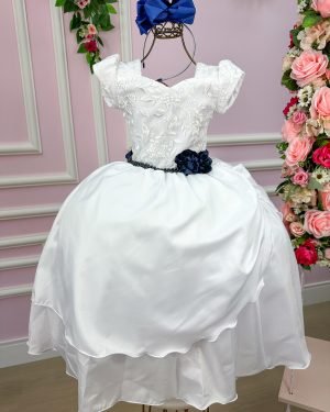 Vestido Lorenzetti Longo Branco Peito Rendado Cinto Azul Mar