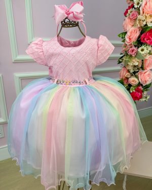Vestido Infantil Menina Bonita Peito Rosa e Saia Colorida