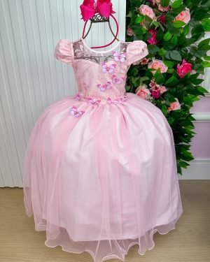 Vestido Vila Lele Longo Jardim Encantado Borboletas Rosa Beb
