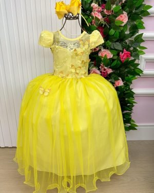 Vestido Vila Lele Longo Jardim Encantado Borboletas Amarelo