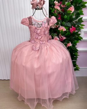 Vestido Vila Lele Longo Jardim Encantado Borboletas Rose