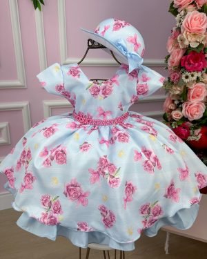 Vestido Miss Cherry Chapeu Azul Bebe Flores e Borboletas