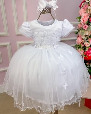 Vestido Menina Bonita Branco Borboletas Peito Tule