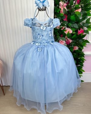 Vestido Vila Lele Longo Jardim Encantado Borboletas Azul Beb