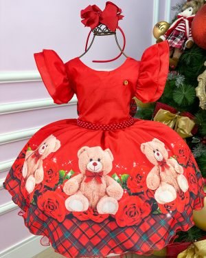 Vestido Banana Club Vermelho Ursinho Flores Natal