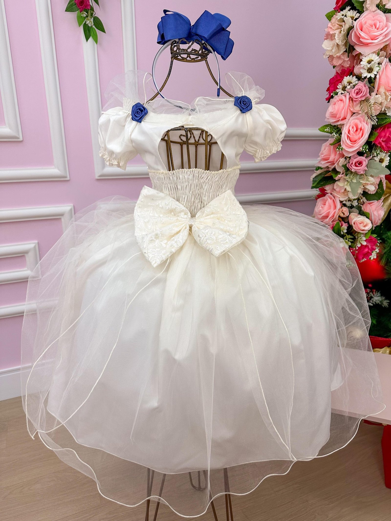 Vestido Lorenzetti Longo Off Detalhes Azul Marinho - Imagem 5