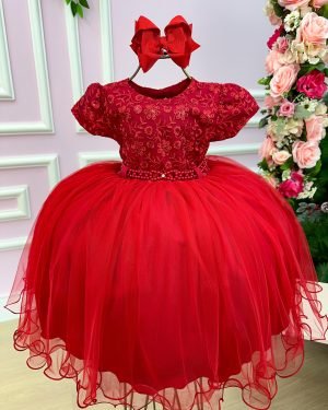 Vestido Menina Bonita Vermelho Peito Renda Flores