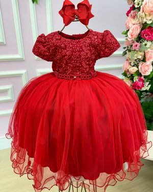 Vestido Menina Bonita Vermelho Peito Rendado Florzinha