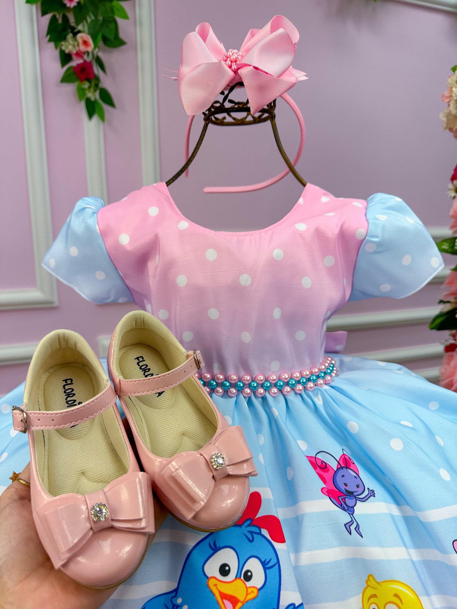 Vestido Infantil Temáticos da Gigi Galinha Pintadinha Azul e - Imagem 2