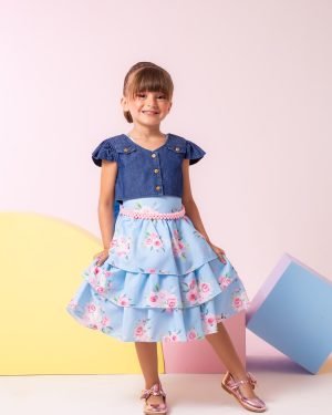 Vestido Mimadine Florido Azul Bebe com Colete Jeans