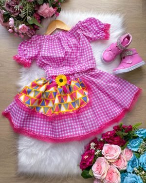 Conjunto Junino Banana Club Luxo Sara Xadrez Pink Avental