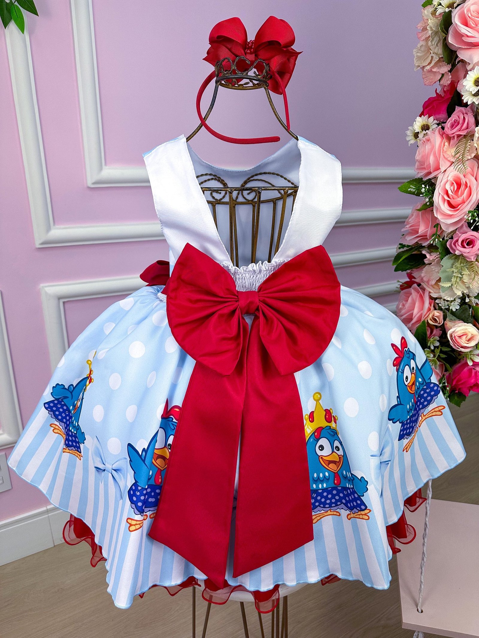 Vestido Tematicos Luxo Galinha Pintadinha Azul e Vermelho - Imagem 4