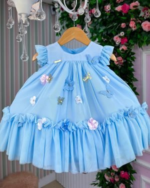 Vestido Vila Lele Jardim das Borboletas Baby Liz Azul Bebe