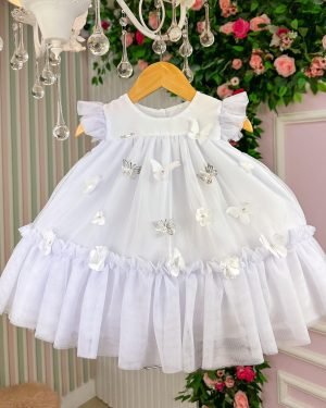 Vestido Vila Lele Jardim das Borboletas Baby Liz Branco