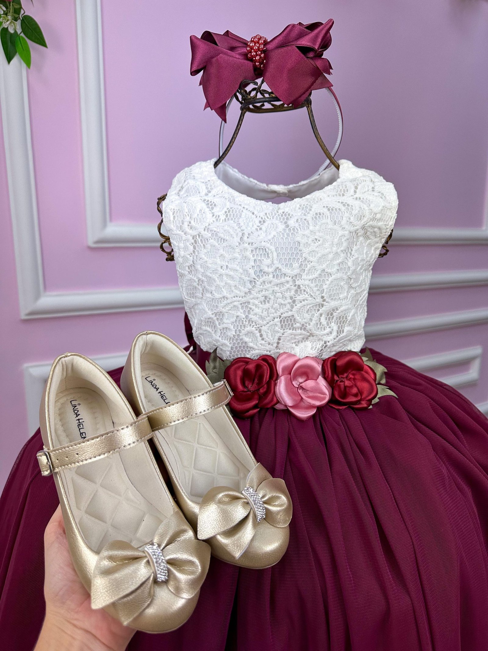 Vestido Juvenil Vila Lele Ivete Peito Off e Saia Marsala - Imagem 3