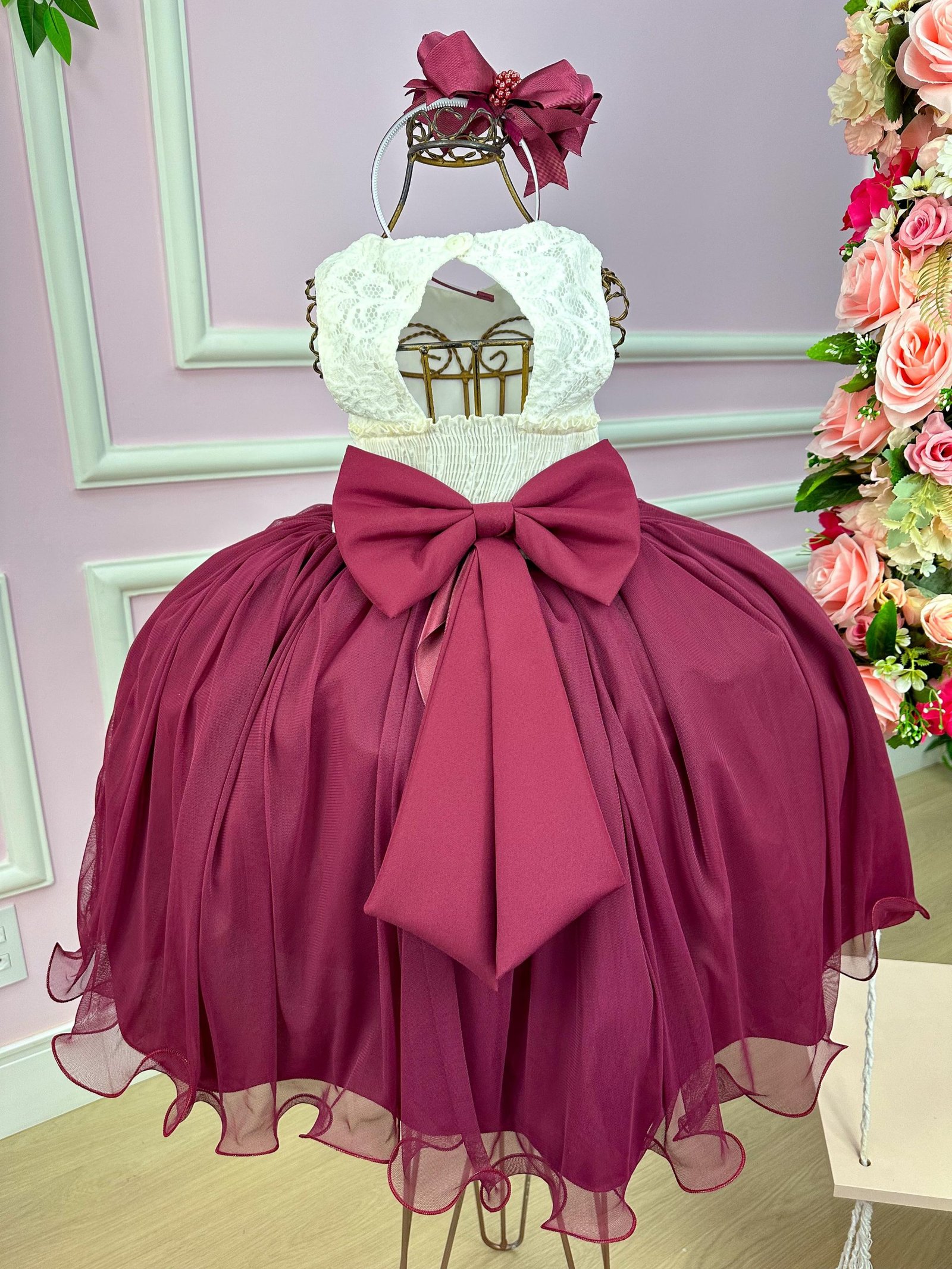 Vestido Juvenil Vila Lele Ivete Peito Off e Saia Marsala - Imagem 4