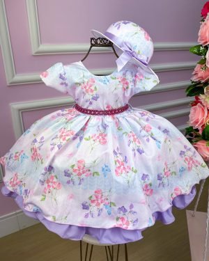 Vestido Miss Cherry Chapeu Lilas Flores e Borboletas