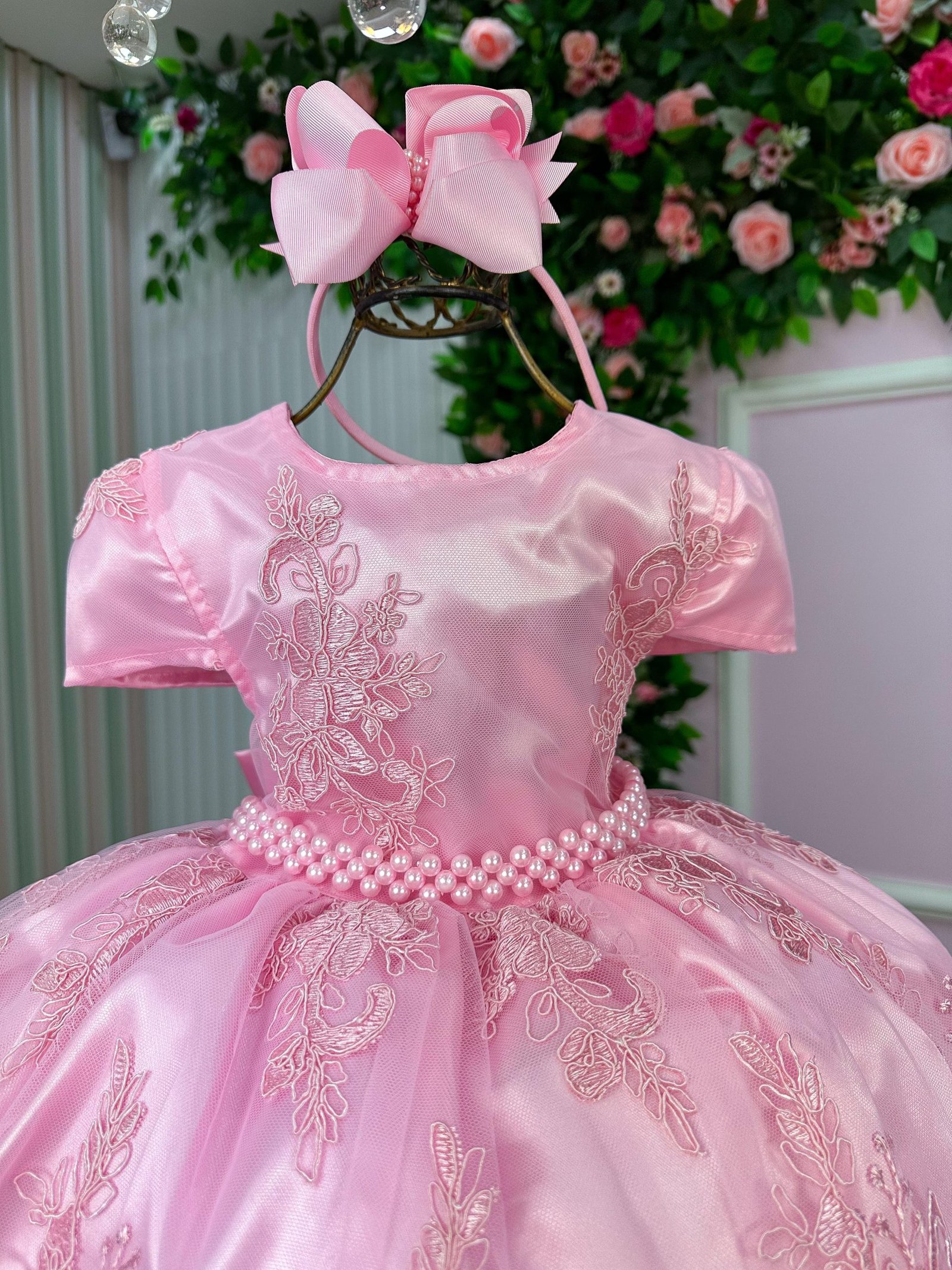 Vestido Infantil Enjoy Bebê Rosa Bebê Realeza Rendado - Imagem 2