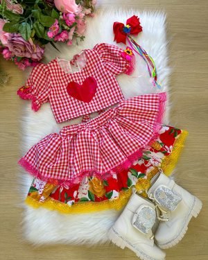 Conjunto Junino Banana Club Luxo Madu Xadrez Vermelho Coraçã