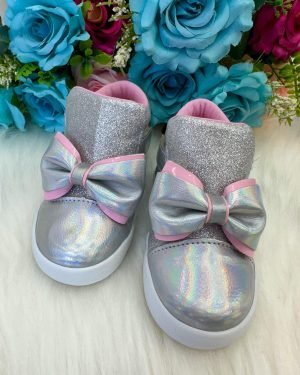 Tênis Bota Encanto de Criança Lacinho Prata Glitter Rebeca