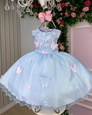 Vestido Marie Jardim das Borboletas Azul Bebe Viviane