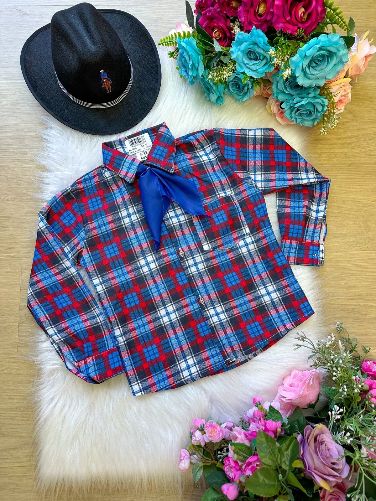 Camisa Xadrez azul/Flanelada Joaquim com lenço