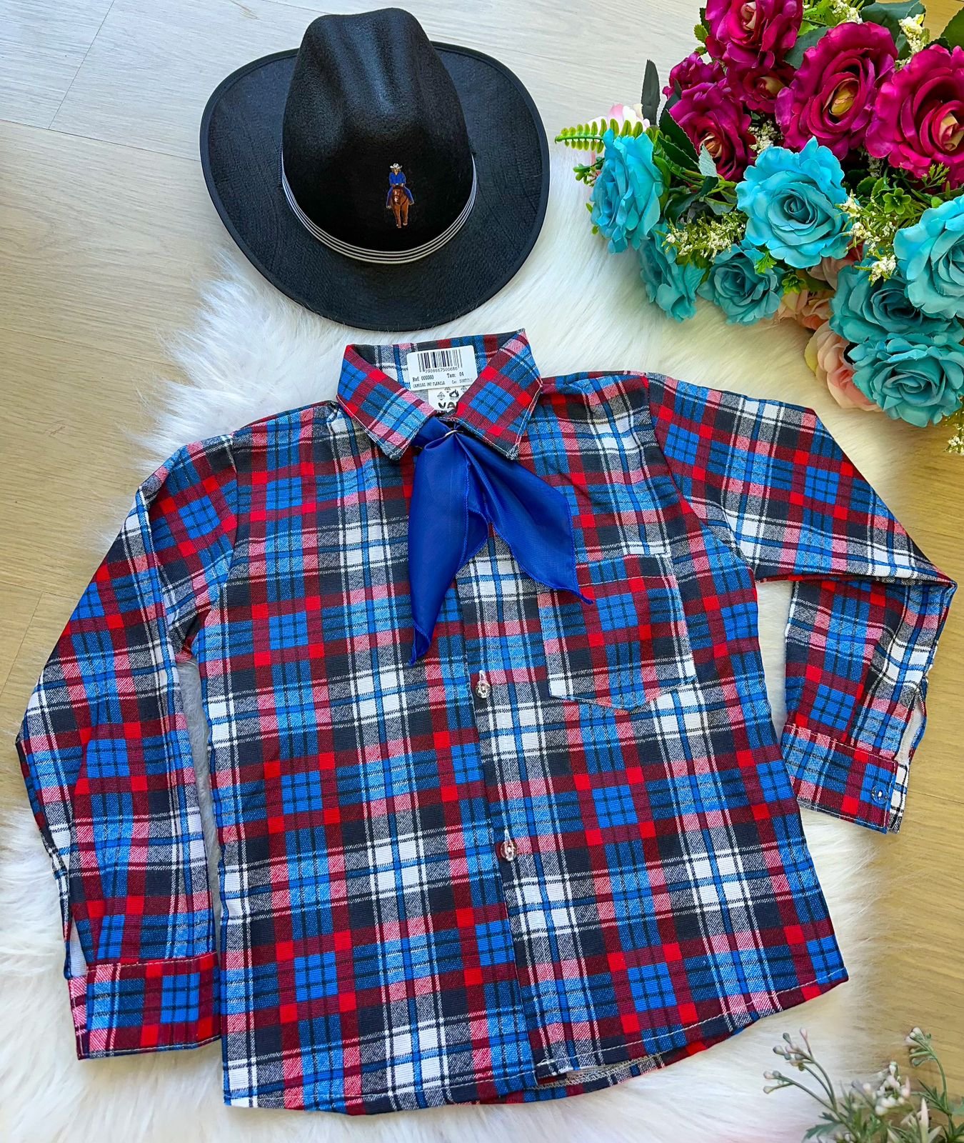 Camisa Xadrez azul/Flanelada Joaquim com lenço - Imagem 3