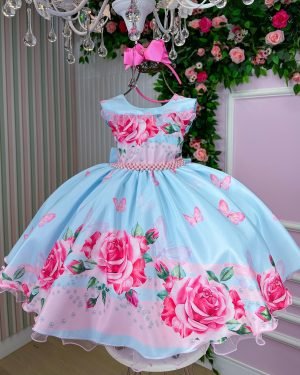 Vestido Giovanella/Giovanela Jardim das Borboletas Azul Caro