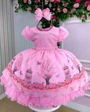 Vestido Infantil Menina Bonita Bosque Encantado Rosa
