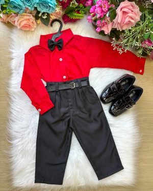 Conjunto Masculino Miss Cherry Social Vermelho Linho Com Cal