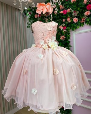 Vestido Juvenil Vila Lele Regata Flores Pessego