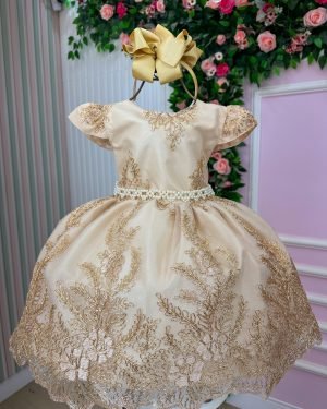 Vestido Marie Realeza Luci Dourado Renda Brilhante