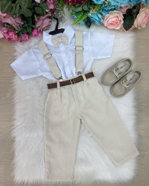 Conjunto Miss Cherry Suspensorio Luiz Linho Bege