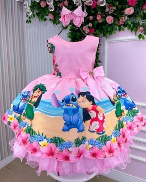 Vestido Infantil Temáticos Luxo Lilo e Stitch Rosa